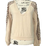 Free People  Embroidered Sleeve‎ V Neck Pullover Top Beige Bohemian Women's Photo 0