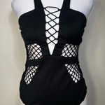 Essue  Black goth One Piece halter Swimsuit with Mesh Details size S NWT Photo 0