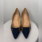 Ashro Navy Blue Suede Pointed Toe Pumps Gold Embroidery Size 9(B106) Photo 1