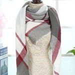 Boutique Burgundy Red Gray White Plaid Blanket Scarf Fringe Photo 0