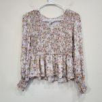 Japna Floral Spring Sunflower Print Pastel Pink Ruched Smocked Blouse Top Size S Photo 3