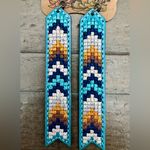 Justin Boots Leather Aztec Embroidered Fringe Dangle Earrings – Turquoise & Navy Photo 2