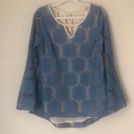 A’reve Size M Boho Lined Lace Blouse Top Semi Sheer Bell sleeves and Tie at Neck Blue Size M Photo 0