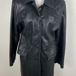 Brandon Thomas Black Leather Long Jacket Coat Womens Size L Button Front Collar Size L Photo 0