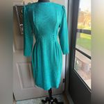 Vintage 80s Henry Lee teal floral monochrome fitted long sleeve dress, size 6 Blue Photo 5