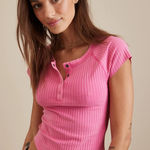 American Eagle Pink Cropped Henley Hey Baby Tee Photo 0