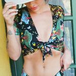 We are HAH Womens Bikini Top Black Floral Reversible Tie Front or Back Size XS Photo 0