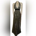 Kay Unger  Halter Plunge Neck silk lace Maxi Dress gown Black gold Whimsigoth 6 Photo 0