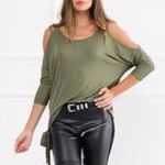 Cable & Gauge Knit Top Cold-Shoulder Sweater Olive Green Size M Photo 1