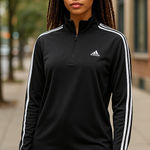 Adidas Womens Pullover Sz S Black White 3 Stripes Quarter Zip Lightweight Photo 0