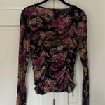 Maeve  Long-Sleeve Sheer Ruched Black & Pink Floral Top in Small EUC Photo 1
