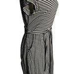 Ann Darling Mini Sheath Dress L Black White Stripe Pockets Tie Belt Short Sleeve Size L Photo 4