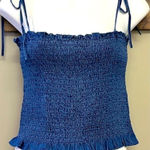 VICI Vintana Smocked Tencel Cropped Straps Tank Top- Denim Blue- Large Photo 0