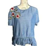 Chelsea & Theodore Chambray Embroider Flowers Ruffle Hem Short Sleeve Top Large Photo 0