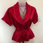 2000s Y2K Romantic Red ruffle button up fitted blazer blouse shirt belted waist short sleeve #whimsygoth #coquette Size L Photo 1
