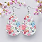 Pink Flower & Hummingbird Pattern Drop Earrings‎ Lightweight Faux Leather Photo 1