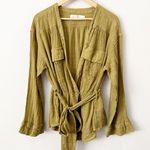 Free People WE THE FREE |  Safari Sheer Wrap Top Olive Green Blouse Raw Edge | XL Photo 4