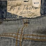 Free People  Denim Mini Skirt Women’s Size 27 2 Tone Blue Distressed Button‎ Fly Photo 5
