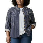 John Mark  Embroidered Lined Jacket Blue Cream Sz XL Contrast Cuff Lagenlook Photo 0