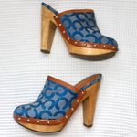 Coach Vintage Blue Signature Logo Bacall Wood Leather Clog Mule Heels Shoes 5B Photo 5