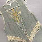 Umgee Duster Fringe Sleeveless Cardigan Crochet Detail Green Cream Embroidered Photo 1
