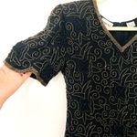 Vintage Denise Elle Beaded Silk Top Black Gold V Neck Crewneck Blouse Sz PS Photo 2