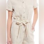 Cloth & Stone  Linen Tan Short Sleeve Rolled Hem Elastic Waist Romper Medium Photo 6