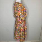 Floral Modern Viscose Dress Tie Neck Elastic Ruched Waist Sz Small Green Photo 3