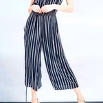 LUNIK Navy Blue Striped Strapless Wide-Leg Jumpsuit Photo 0