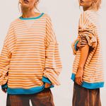 Free People Classic Striped Crewneck Sweatshirt Tangerine Combo Oversized XL NEW Photo 1