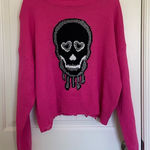 No Boundaries NWT |  junior’s novelty hot‎ pink skull loose hem crewneck sweater Photo 0