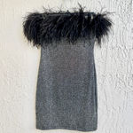 Amotea Feather Trim Glitter Jersey Strapless Mini Dress Silver Black Women's XS Photo 2