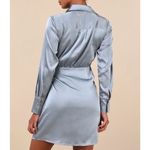 Lulus NWOT  Women's M Painterly Perfection Slate Blue Satin Wrap Mini Dress Party Photo 1