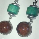Silver Tone & Wooden Teal Beads Brown Glass Boho Ball Drop Pierced Earrings Photo 3