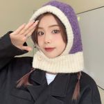 NWOT Purple Beige Button Balaclava Winter Knit Hoodie Hood Hat Photo 3