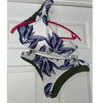 Women's High Waist Bikini 2 Piece Swimsuits Reversible Leaf Print White Blue Size M Photo 0