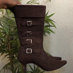 Y2K Baddie Bratz Whimsygoth Brown Real Leather Suede Buckles Pointed Toe Mid Calf Boots Booties Kitten heels Fold Over Cuffed Photo 0