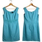 Luisa Spagnoli Linen Jeweled Sheath Dress Women's 42 Blue Italian Tweed Designer Photo 0