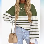 Boutique Brand Size Medium Green and White Striped Turtleneck Long Photo 0