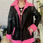 Boutique Black Leather Pink Sherpa Coat Photo 2