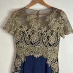 Marchesa Notte Navy/Gold Lace Embroidered Beaded Satin Sheath Evening Dress sz 8 Blue Photo 4