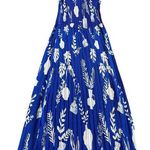 Leo & Ugo Royal Blue Bold Print Midi Dress Sleeveless Stretch Pleated Size Small Photo 0