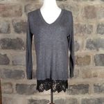 Topshop Gray V Neck Sweater with Lace Trim Elegant Tunic Top Woman's 4 Photo 2