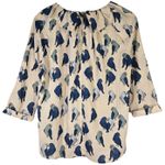 FRNCH  Love Bird Pattern Tan &‎ Blue 3/4 Sleeve Blouse S/M Photo 1