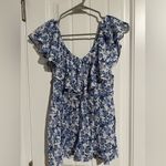 Rebecca Taylor  Off The Shoulder Blue White Floral Aimee Cotton Top Photo 2