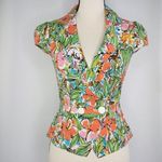 Vintage floral print short sleeve jacket, green and red, cotton blend Size XXS Photo 1