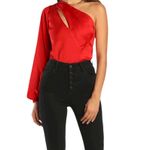 Lulus  Red One Sleeve Satin cutout front bodysuit M Photo 2