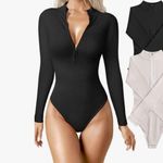 OQQ 1/2 Zip Seamless Long Sleeve Sexy Ribbed Bodysuit Large Gray Photo 4