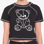 Hot Topic NWT Black & White Damaged Teddy Bear Cropped T-Shirt Size Small Photo 1