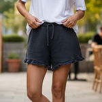 Chaser Black Women’s Soft Cozy High Waist Ruffle Hem Drawstring Shorts Photo 0